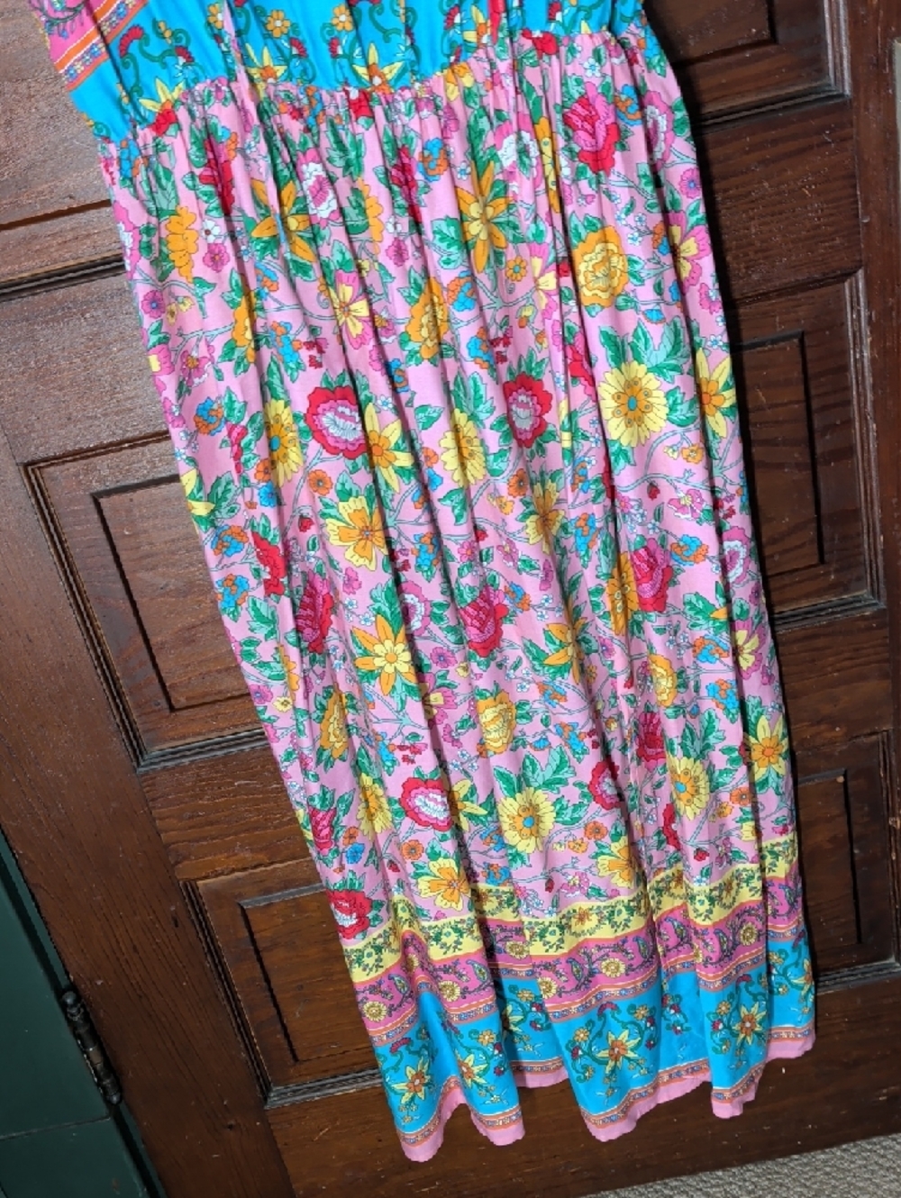 Colorful Floral Boho Maxi Dress With Smocking V Neck And Tie L - Picture 3 of 9